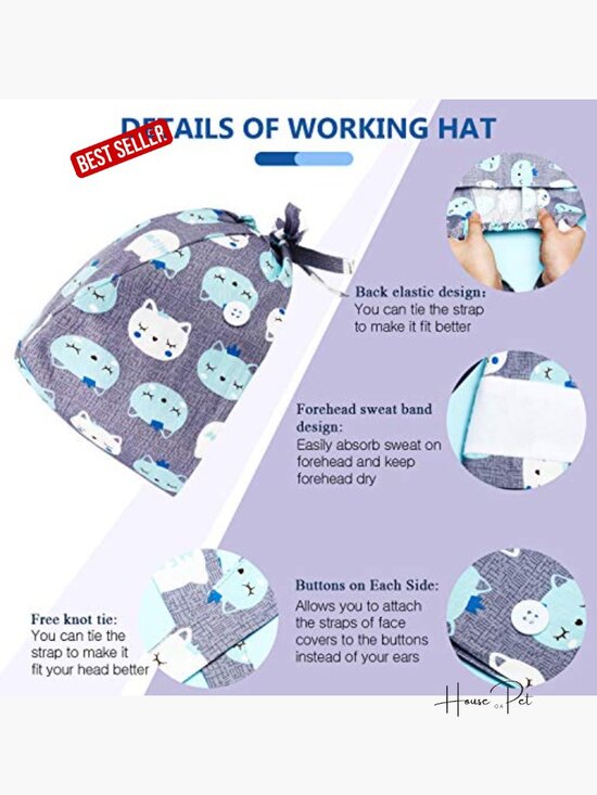 6 Pcs Cute Animal Print Adjustable Scrub Caps with Buttons - Surgical Nursing main image 6